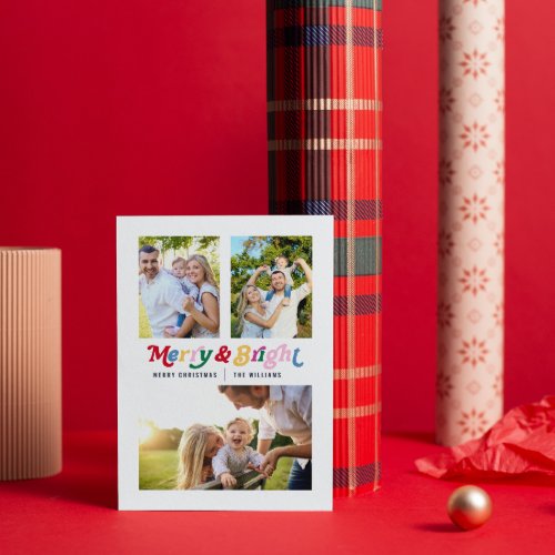 Modern Merry  Bright Colorful Retro 3 Photo Holiday Card