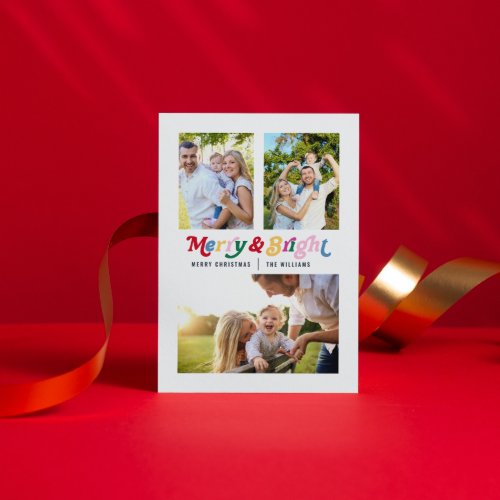 Modern Merry  Bright Colorful Retro 3 Photo Holiday Postcard