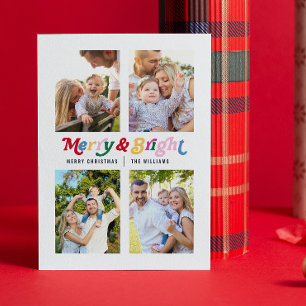 Modern Merry & Bright Colorful Retro 4 Photo Holiday Card