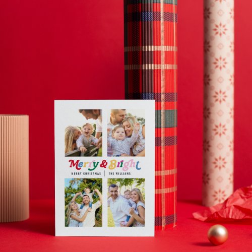 Modern Merry  Bright Colorful Retro 4 Photo Holiday Card