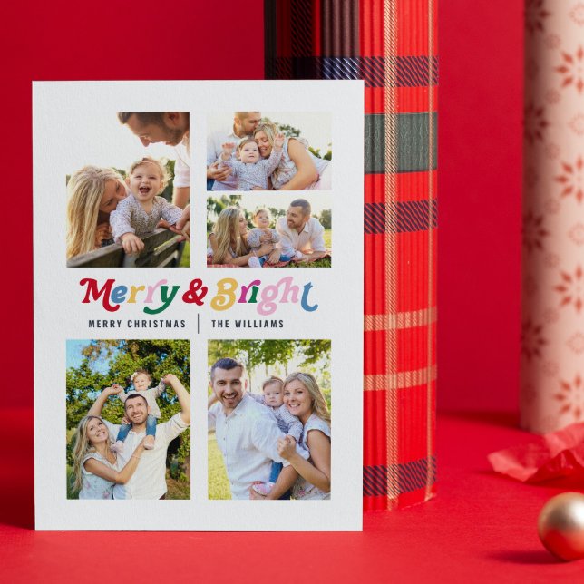 Modern Merry & Bright Colorful Retro 5 Photo Holiday Card (Let your friends and family know you’re merry & bright with this festive card😊)