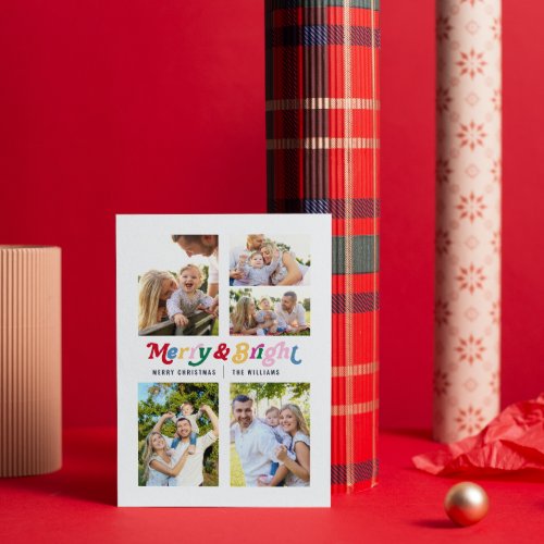Modern Merry  Bright Colorful Retro 5 Photo Holiday Card