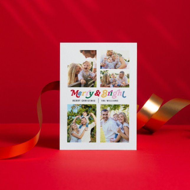 Modern Merry & Bright Colorful Retro 5 Photo Holiday Postcard (Nothing says “Merry Christmas” like a heartfelt postcard to your loved ones.)