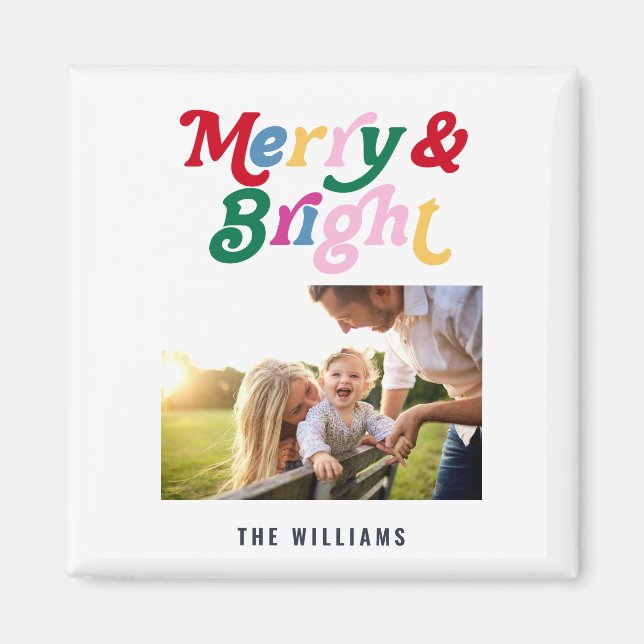 Modern Merry & Bright Colorful Simple Family Photo Magnet (Front)