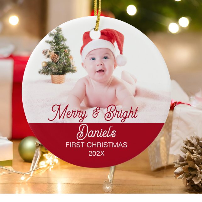 Modern Merry & Bright First Christmas Baby Photo Ceramic Ornament (Creator Uploaded)