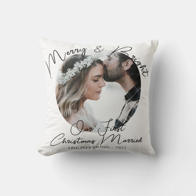 Modern Merry Bright First Christmas Married Photo Throw Pillow (Front)