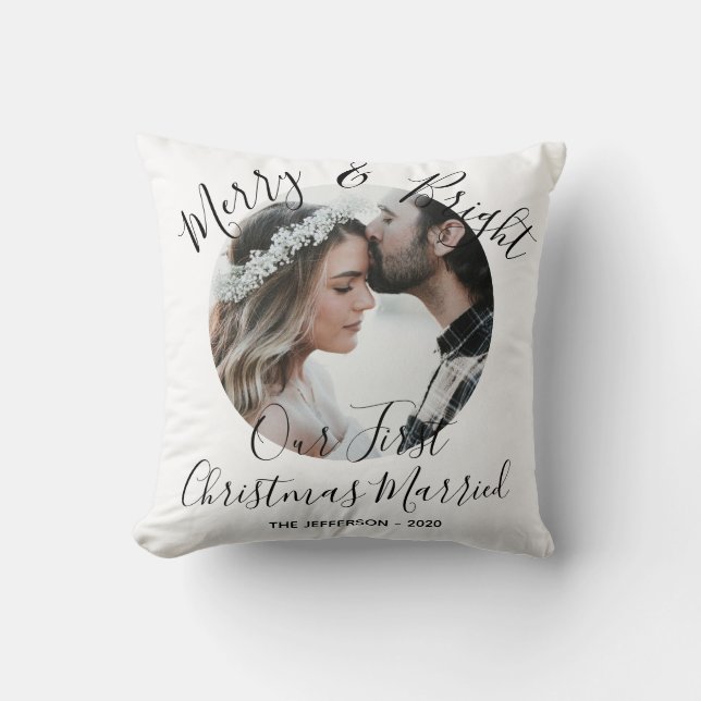 Modern Merry Bright First Christmas Married Photo Throw Pillow (Front)