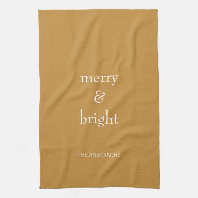 Modern Merry & Bright Gold Christmas Holiday Kitchen Towel (Vertical)