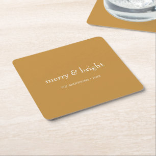 Modern Merry & Bright Gold Christmas Holiday Square Paper Coaster