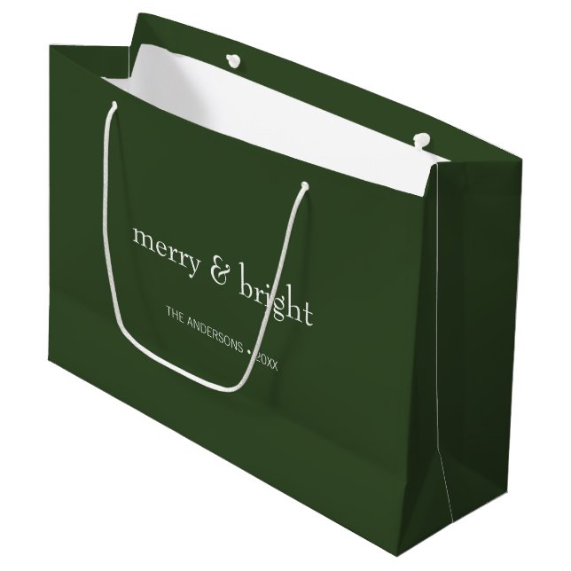 Modern Merry & Bright Green Christmas Holiday Large Gift Bag (Front Angled)