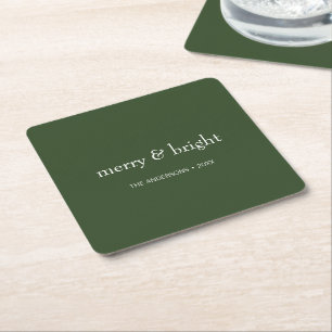 Modern Merry & Bright Green Christmas Holiday Square Paper Coaster