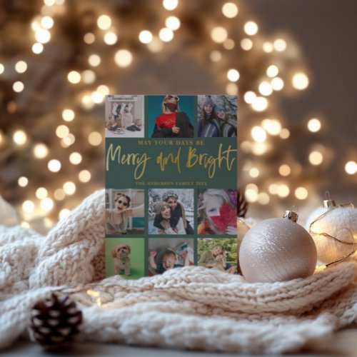 Modern Merry  Bright Green  Faux Gold Christmas Holiday Card