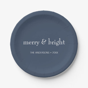 Modern Merry & Bright Navy Christmas Holiday Paper Plates