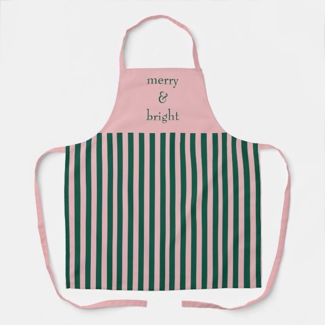 Modern Merry & Bright Pink and Green Holiday Apron (Front)