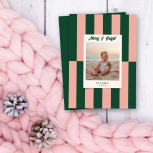 Modern Merry & Bright Pink & Green Stripes Holiday Card