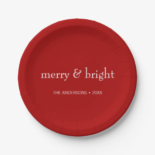 Modern Merry & Bright Red Christmas Holiday Paper Plates