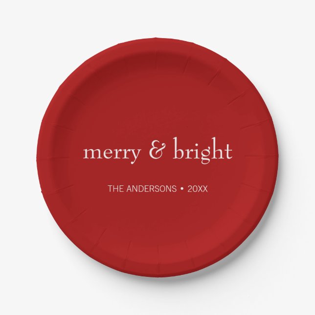 Modern Merry & Bright Red Christmas Holiday Paper Plates (Front)