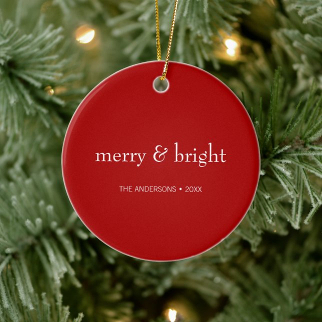 Modern Merry & Bright Red Christmas Holiday Photo Ceramic Ornament (Tree)