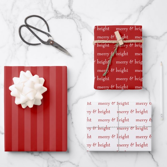 Modern Merry & Bright Red Christmas Holiday Wrapping Paper Sheets (Front)
