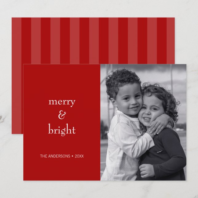 Modern Merry & Bright Red Christmas Photo Holiday Card (Front/Back)