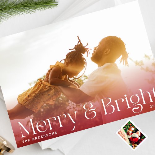 MODERN Merry  Bright Red Gradient Photo Holiday Card
