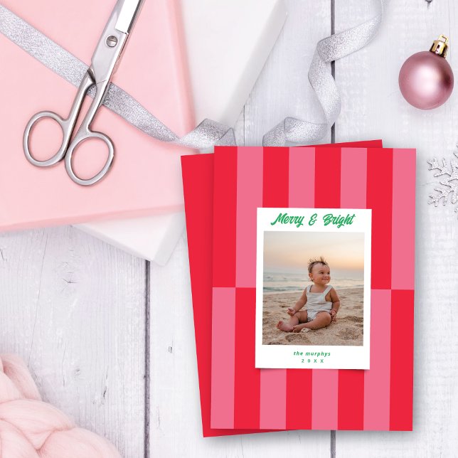 Modern Merry & Bright Red & Pink Stripes Christmas Holiday Card (Creator Uploaded)