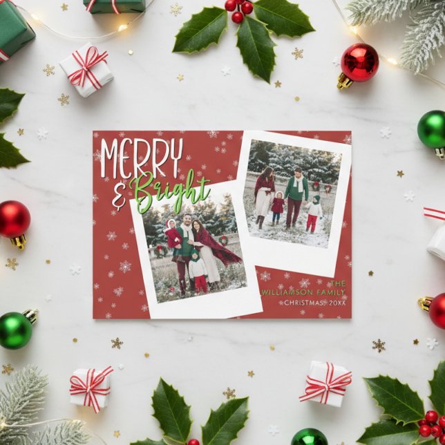 Modern Merry & Bright Red Snowflake Photo Holiday Card (Creator Uploaded)