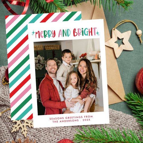 Modern Merry  Bright Retro Colorful Christmas  Holiday Card