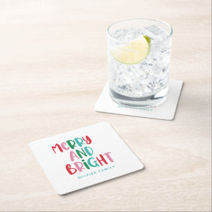 Modern Merry & Bright Retro Colorful Christmas Ki Square Paper Coaster