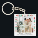 Modern Merry & Bright Simple Colorful One Photo Keychain<br><div class="desc">Customizable text and photo,  Modern simple one-photo design with colorful "Merry and bright" typography in pink,  green,  and red colors.</div>
