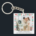 Modern Merry & Bright Simple Colorful One Photo Keychain<br><div class="desc">Customizable text and photo,  Modern simple one-photo design with colorful "Merry and bright" typography in pink,  green,  and red colors.</div>