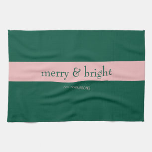 Modern Merry & Bright Stripe Holiday Green & Pink Kitchen Towel