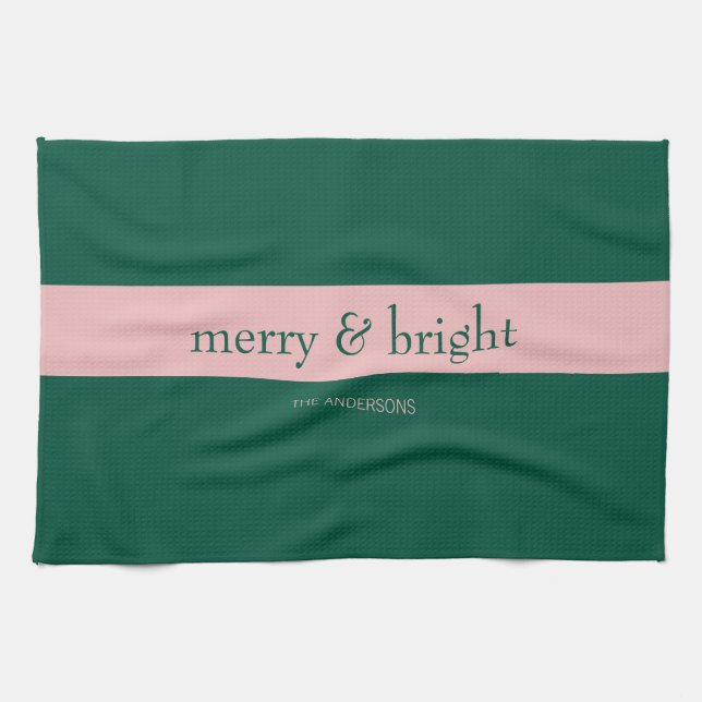 Modern Merry & Bright Stripe Holiday Green & Pink Kitchen Towel (Horizontal)