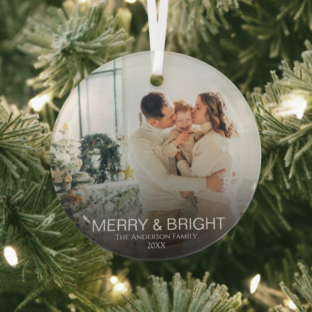Modern Merry & Bright Stylish Family Photo Glass Ornament (Insitu)