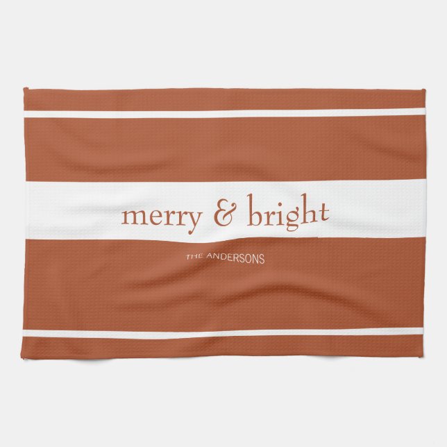 Modern Merry & Bright Terracotta Christmas Holiday Kitchen Towel (Horizontal)