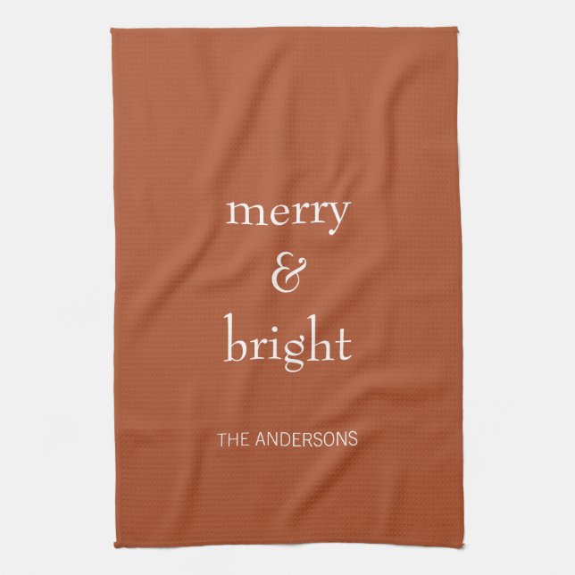 Modern Merry & Bright Terracotta Christmas Holiday Kitchen Towel (Vertical)