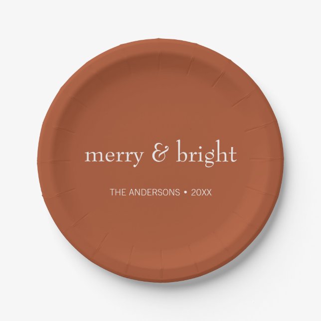 Modern Merry & Bright Terracotta Christmas Holiday Paper Plates (Front)