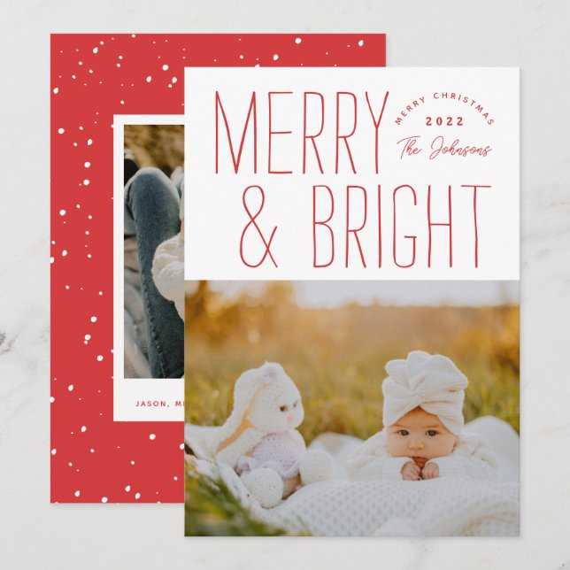 Modern Merry & Bright Typographic Christmas Photo Holiday Card (Front/Back)