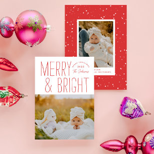 Modern Merry & Bright Typographic Christmas Photo Holiday Card