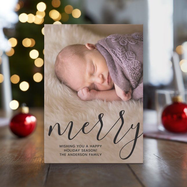 Modern Merry Calligraphy - Full Vertical Photo Holiday Card (Holiday Photo Card with large script greeting)