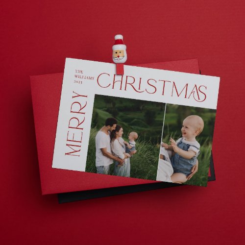 Modern Merry Christmas 2 Photo Red Typography Holiday Card