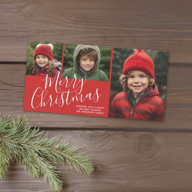 Modern Merry Christmas 3 photo can change red Holiday Card (Add 3 photos to this classic photo card with a Christmas script font.)