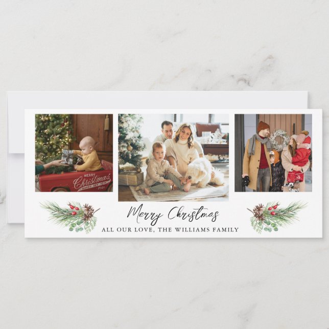 Modern Merry Christmas 3 Photo Collage  Holiday Card (Front)