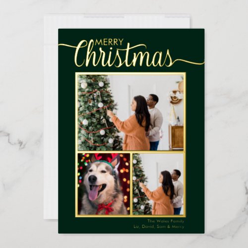 Modern Merry Christmas 3 photo Family Name Green Foil Holiday Card