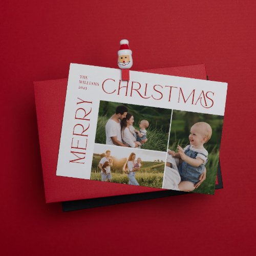 Modern Merry Christmas 3 Photo Red Typography Holiday Card