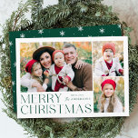 Modern Merry Christmas 4 Photo Collage Holiday Card<br><div class="desc">Simple and elegant holiday card featuring a 3 photo collage on the front with "Merry Christmas" displayed in green modern lettering. Personalize the front of the card by adding your photos and name. The card reverses to display the fourth photo with a white snowflake pattern. The multi-photo holiday card is...</div>