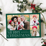 Modern Merry Christmas 4 Photo Collage Holiday Card<br><div class="desc">Simple and elegant holiday card featuring a 3 photo collage on the front with "Merry Christmas" displayed in white modern lettering on a green background. Personalize the front of the card by adding your photos and name. The card reverses to display the fourth photo with a white snowflake pattern. The...</div>