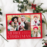 Modern Merry Christmas 4 Photo Collage Holiday Card<br><div class="desc">Simple and elegant holiday card featuring a 3 photo collage on the front with "Merry Christmas" displayed in white modern lettering on a red background. Personalize the front of the card by adding your photos and name. The card reverses to display the fourth photo with a white snowflake pattern. The...</div>