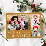 Modern Merry Christmas 4 Photo Collage Holiday Card<br><div class="desc">Simple and elegant holiday card featuring a 3 photo collage on the front with "Merry Christmas" displayed in white modern lettering on a gold background. Personalize the front of the card by adding your photos and name. The card reverses to display the fourth photo with a white snowflake pattern. The...</div>