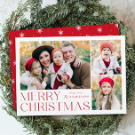 Modern Merry Christmas 4 Photo Collage Holiday Card<br><div class="desc">Simple and elegant holiday card featuring a 3 photo collage on the front with "Merry Christmas" displayed in red modern lettering. Personalize the front of the card by adding your photos and name. The card reverses to display the fourth photo with a white snowflake pattern. The multi-photo holiday card is...</div>